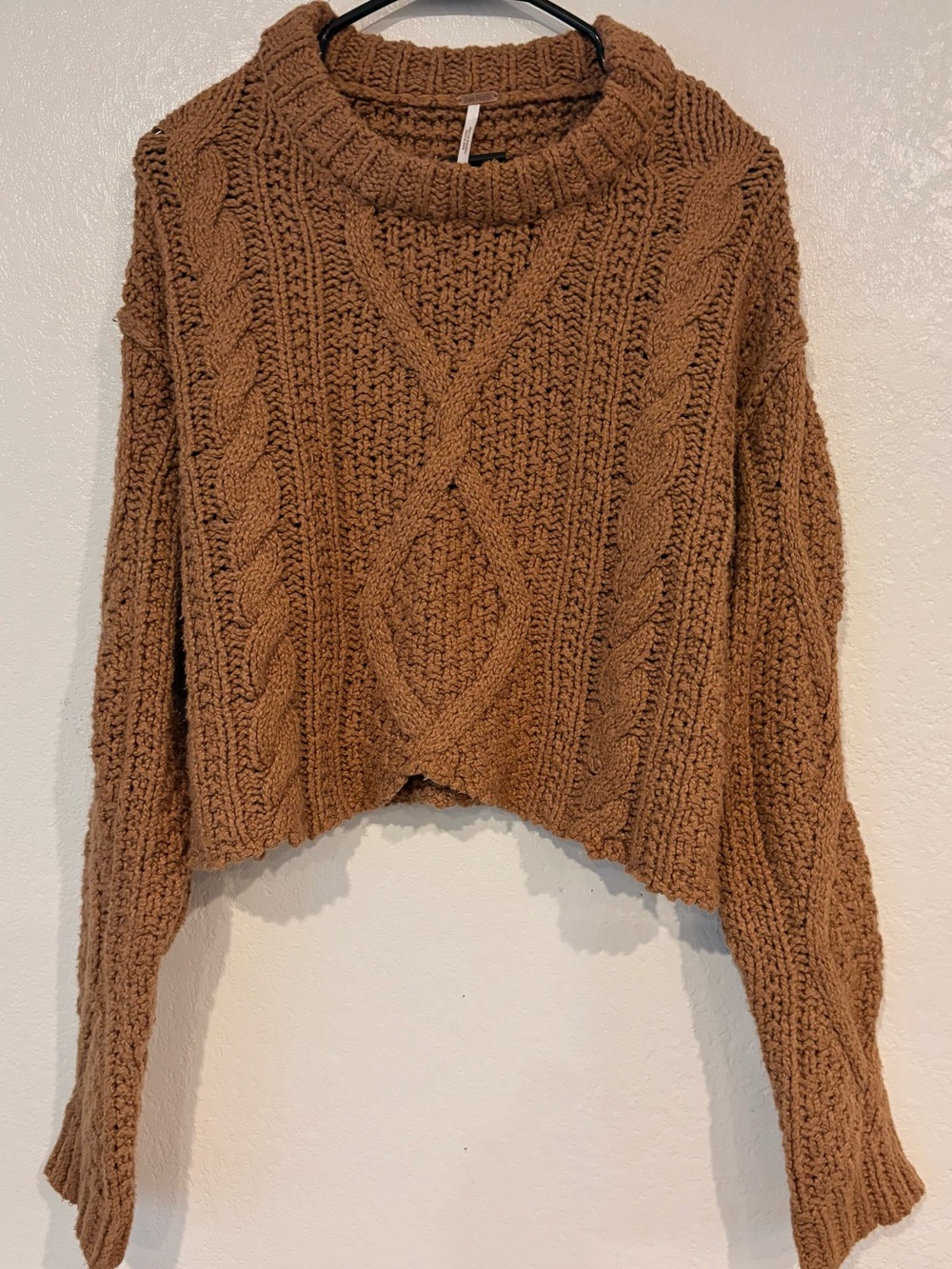 Free People Cropped Cable-Knit Sweater in Brown